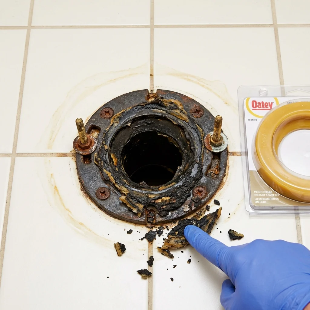 Failed wax ring showing water seepage at the base of a toilet in a Paris, KY home