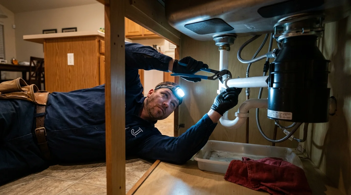 P-trap and supply line connections under a kitchen sink showing a common leak point in Paris, KY